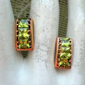Russian Russia 14K 585 Rose Pink Gold Princess Cut Peridot Cluster Earrings